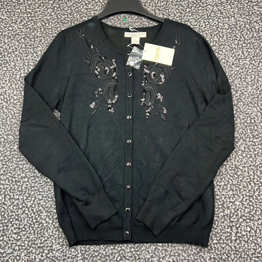 Melrose Chic New York Cardigan Sweater Women Large Black Sequin Embroidered L